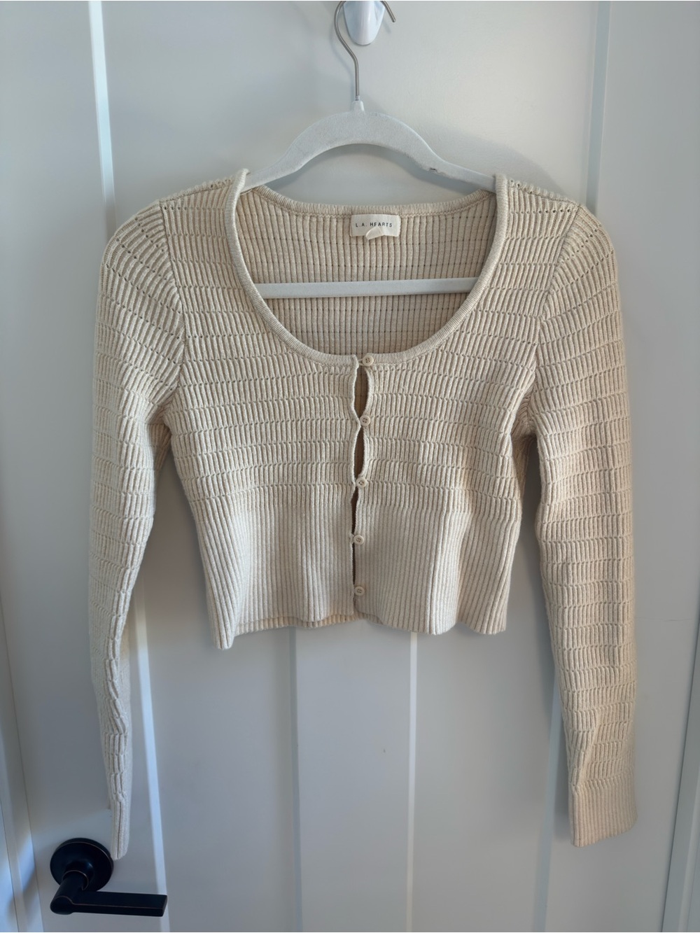 La Hearts Cream Ribbed Cropped Cardigan